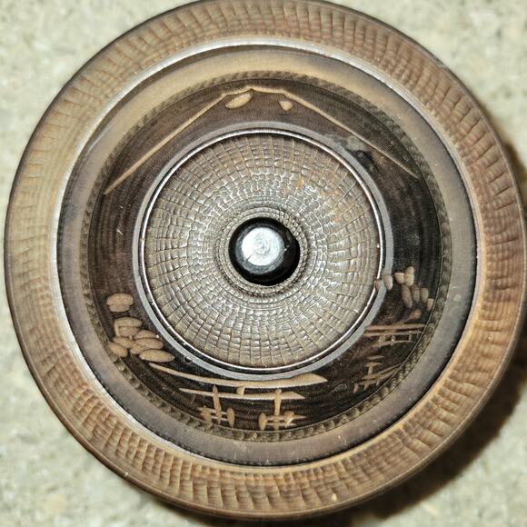 Vintage Wooden Japanese Rice Bowl and Lid 4" round 3" Tall Torii Gate Mount Fuji - Picture 5 of 5